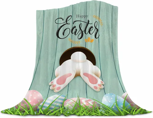 Manta de Pascua para niños, cálida manta de vellón de felpa de franela, manta de cama con cola de conejo, huevos de Pascua, conejo, flores de