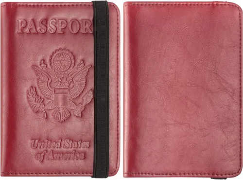 Miniatura 4 de Funda para pasaporte, cartera de viaje con bloqueo RFID de alta calidad, cuero vegano genuino, Rojo