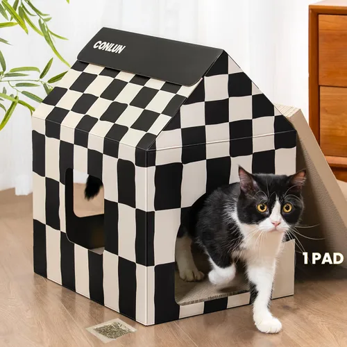 Miniatura 11 de Conlun Casa de cartón para gatos con almohadilla para rascar y hierba gatera, casa rascador para juegos de gatos para muebles de interior, rascador