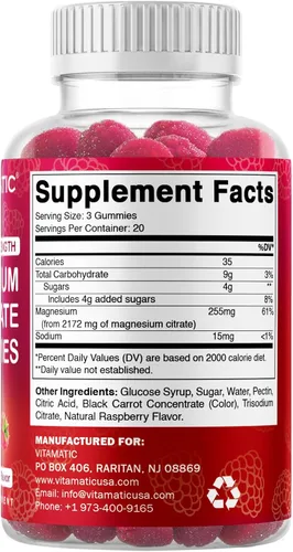 Miniatura 8 de Vitamatic Gomitas de magnesio extra fuertes, 255 mg (magnesio elemental) por porción, 60 gomitas veganas que apoyan la relajación, la función