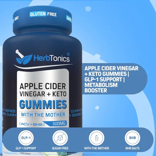 Herbtonics Gomitas Keto de vinagre de sidra de manzana, apoyo a la digestión y la desintoxicación, fórmula avanzada BHB sin azúcar para apoyo