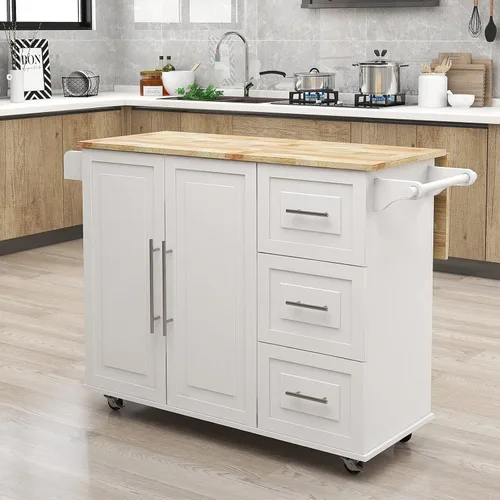 Miniatura 8 de RASOO Carrito de cocina con almacenamiento, pequeño carrito de isla estrecho blanco sobre ruedas, armario de almacenamiento superior de madera
