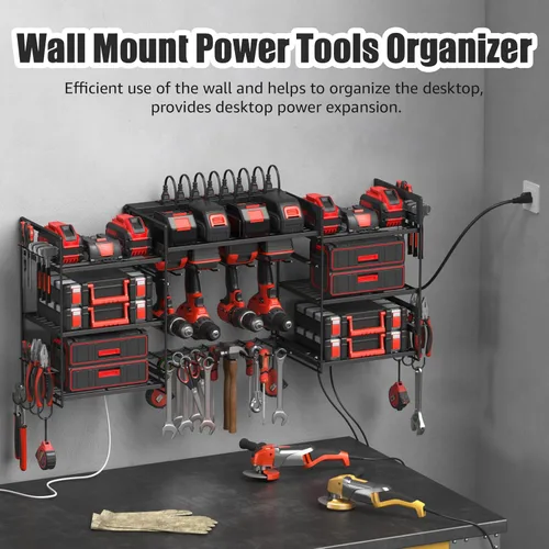 Miniatura 3 de CCCEI Organizador de herramientas eléctricas negro para montaje en pared, herramientas grandes y estante de almacenamiento de batería, estación