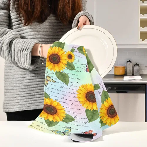 Miniatura 6 de GAIREG Retro Sunflowers Butterflies Dish Cloths for Drying Dishes, 28x18 Inches Absorbent Printed Hand Towels, Set of 6