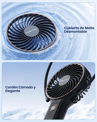 Miniatura 8 de SWEETFULL Ventilador portátil de mano, batería recargable de 5000 mAh, viento de 6 velocidades, pantalla digital LED, mini ventilador de viaje Negro