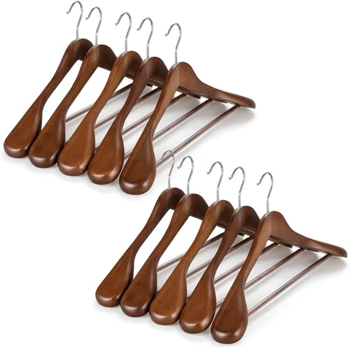 Miniatura 9 de TOPIA HANGER - Perchas de madera para hombros anchos, perchas para trajes con barra antideslizante para pantalones y gancho giratorio de 360°, Nogal
