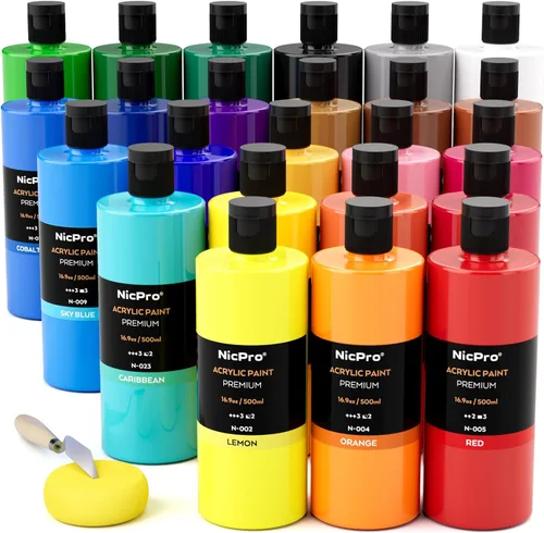 Nicpro Juego de pintura acrílica grande de 24 colores (16.9 onzas), ricos pigmentos no tóxicos, suministros de pintura a granel para artistas