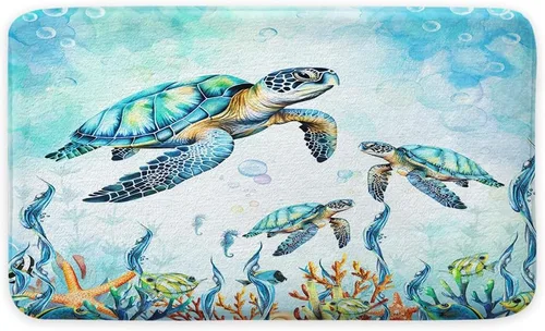 Miniatura 3 de MERCHR Alfombras de baño con diseño de tortuga marina de acuarela, color azul, animales marinos náuticos, alfombras de baño subacuáticas, bonitas