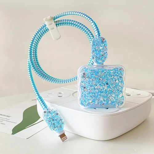 Miniatura 6 de CameCosy Protector de cable de lujo compatible con cargador de iPhone, diseño de borde ondulado con purpurina, funda USB de línea de datos, Azul