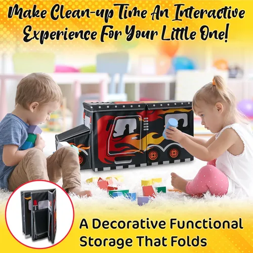 Miniatura 5 de KAP Caja de juguetes para niños, tamaño junior, baúl de juguete interactivo con luz LED, contenedor de almacenamiento decorativo para camiones