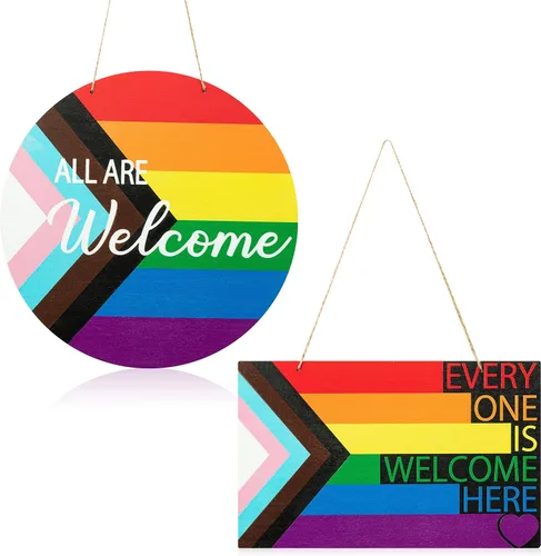 Miniatura 8 de Haooryx LGBTQ - Letrero de puerta del orgullo – 2 piezas de bandera del mes del orgullo LGBTQ+ en forma de corazón, corona de bienvenida de madera