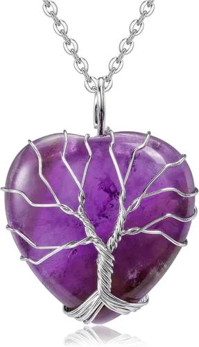 Top Plaza - Collar de cuarzo rosa natural curativo con árbol de la vida envuelto en alambre de plata con forma de corazón colgante para mujeres y