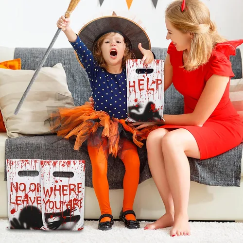 Miniatura 5 de Whaline 60 bolsas de regalo de plástico para fiesta de Halloween, con diseño de fantasma sangriento, bolsas de regalo de palabras aterradoras