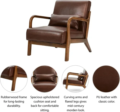 Miniatura 3 de Glitzhome 30.75 "H Mid Century Coffee Accent Sillón, Sillón de lectura individual Silla de salón de cuero PU con marco de madera de caucho nogal