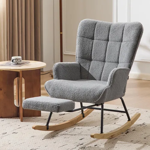 Miniatura 10 de Furniliving - Mecedora tapizada para cuarto de bebé, silla deslizante, mecedora moderna con reposapiés retráctil, silla de lectura con respaldo