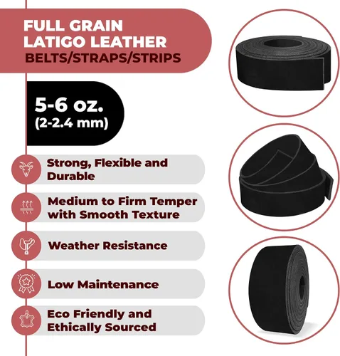 Miniatura 2 de ELW 5-6 oz (0.079-0.094 in) Latigo - Correas de cuero de grado para cinturón Tamaño: 1 x 50 pulgadas (1.0 x 50.0 in) Negro Cuero de vaca