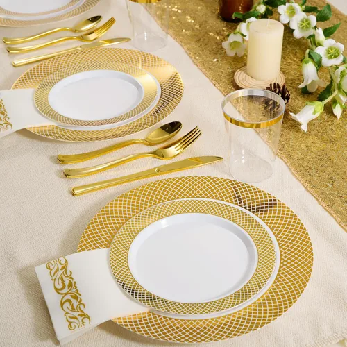 Miniatura 2 de FOCUSLINE Juego de vajilla de oro de 175 piezas para 25 invitados - Platos desechables de plástico con rejilla dorada, incluye 25 platos para cena