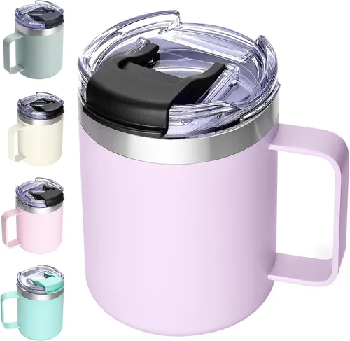 Miniatura 38 de Taza de café aislada de 12 onzas con asa, taza de café de viaje de acero inoxidable con tapa abatible, vaso de café de doble pared con aislamiento
