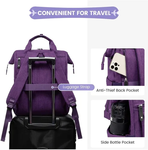 Miniatura 6 de LOVEVOOK - Mochila para laptop de mujer, bolsa de trabajo, viaje, mochilas para computadora, bolsa para enfermeras y maestras, Violeta Negro, 15,6