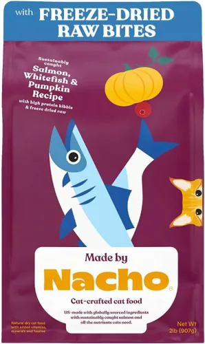 Miniatura 9 de Made by Nacho Dry Cat Kibble - Bolsa de 2 libras, comida prémium para gatos alta en proteínas y apta para granos, salmón y calabaza capturados