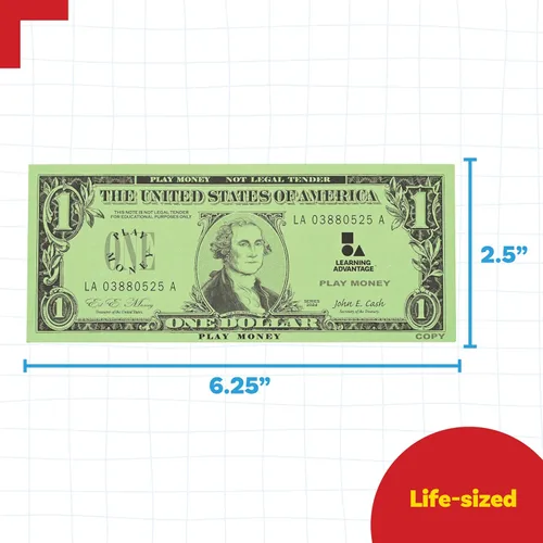 Miniatura 3 de LEARNING ADVANTAGE Billetes de juego de un dólar Juego de 100 Tamaño como efectivo real Dinero de juego para enseñar moneda y contar
