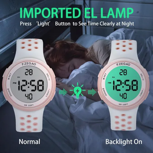 Miniatura 4 de Reloj digital unisex de 10ATM con cronómetro, alarma, cuenta regresiva, doble hora con banda de silicona suave de doble inyección, Rosa-Blanco