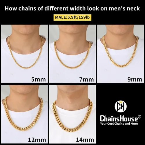 Miniatura 5 de ChainsHouse - Cadena de acero inoxidable para hombre, negrooro de 18 quilates, de 1364, 932, 2364, 1532, 3564 pulgadas de ancho, sin deslustre