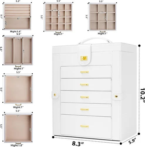 Miniatura 3 de AKOZLIN Organizador funcional de joyería de 6 niveles con 5 cajones, estuche de almacenamiento de joyas de cuero para mujeres y niñas, anillo