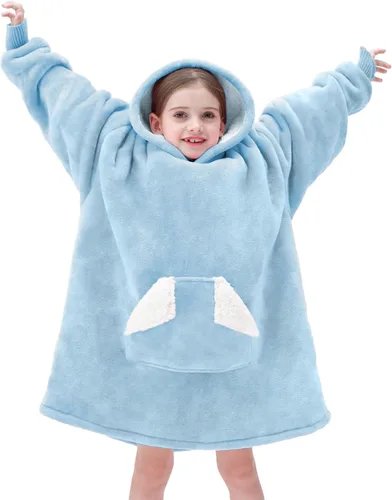 Miniatura 8 de Touchat Manta con capucha, sudadera de sherpa de gran tamaño con bolsillo y mangas para capucha, manta de felpa súper suave y cálida para niños, Azul