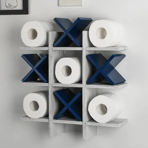 Weysat Soporte de Papel Higiénico Tic Tac Toe Decoración de Pared de Baño Almacenamiento Colgante de Madera Rústica Estantes Independientes Montados