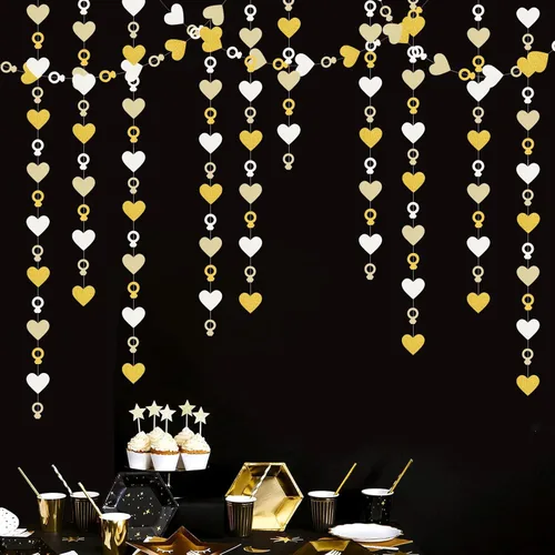 Miniatura 6 de Decoraciones de Fiesta de Despedida de Soltera de Compromiso Guirnalda Blanco-Dorado - Banderines de Papel con Corazón y Anillo de 52 Pies