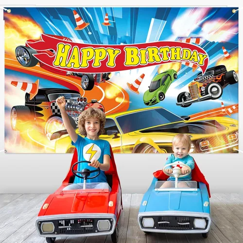 Miniatura 5 de Hot Race Cars - Kit de decoración de fiesta de cumpleaños con ruedas, incluye telón de fondo, bandera, arco de guirnalda de globos, mantel