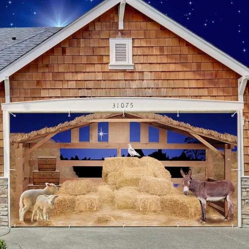 Preboun Cubierta para pancarta de puerta de cochera de Navidad con escena del pesebre del establo, telón de fondo para granja, granero, gran mural