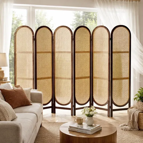 Miniatura 13 de Divisor de habitación de ratán arqueado de 5.6 pies, pantalla de privacidad plegable, 4 paneles independientes con bisagras dobles, divisor
