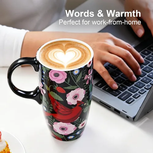 Miniatura 5 de Topadorn Taza de café de cerámica, taza de viaje de porcelana con tapa y asa, taza de café grande para hombres y mujeres, trabajo de oficina, Pájaro