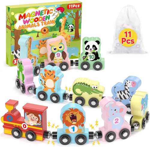 Juego de 11 piezas de tren magnético Montessori para niños pequeños, niños y niñas, animales de madera, actividades de aprendizaje preescolar,