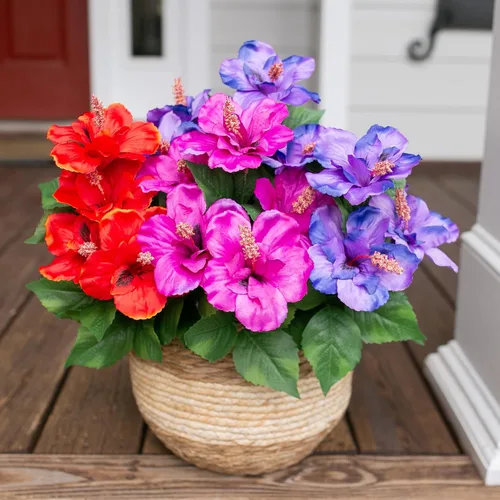 Miniatura 5 de HyeFlora Flores artificiales para exteriores, hibisco sintético, decoración exterior de verano, 4 paquetes de plantas artificiales tropicales