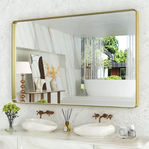 Miniatura 112 de WEER - Espejo de baño dorado, espejo de 40x32 pulgadas con marco de metal dorado cepillado, espejo de tocador de baño de oro para pared
