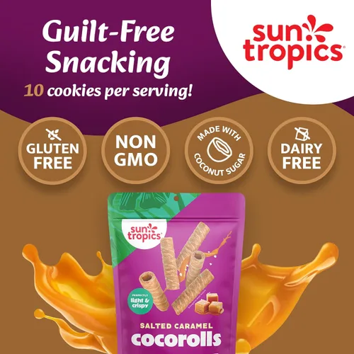 Miniatura 7 de Sun Tropics CocoRolls Sabor a caramelo salado de 4 onzas Galletas de oblea enrolladas crujientes, rollos de coco hechos con crema de coco pura