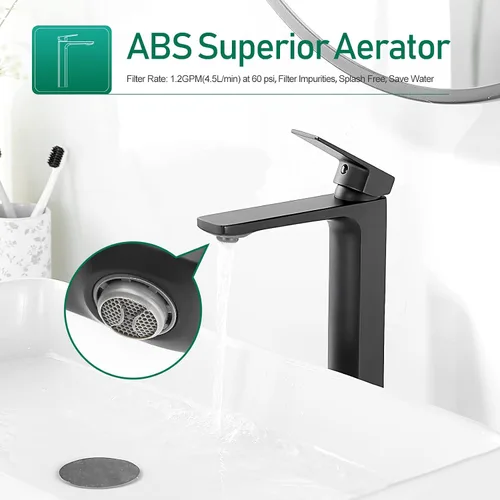 Miniatura 2 de VOTON Grifo de lavabo de recipiente, grifo de baño alto negro mate, grifo de lavabo de una sola manija, grifo mezclador de lavabo de 1 orificio