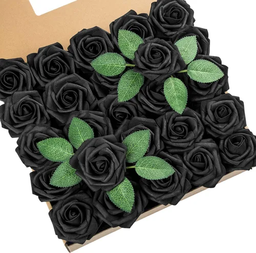 DuHouse 25 rosas artificiales con tallos, flores de espuma de tacto real para bricolaje, ramo de boda, centro de mesa, arreglo floral de Halloween,