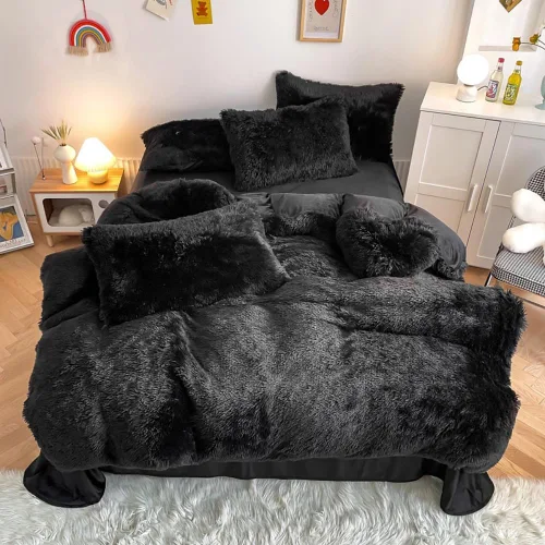 Miniatura 20 de chovy Juego de edredón de pelo sintético teñido anudado negro, gris y blanco, tamaño King, juego de cama de 3 piezas, ultra suave, franela de felpa