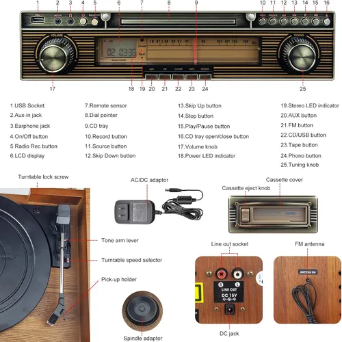Miniatura 7 de BIGMONAT Tocadiscos todo en uno con altavoces incorporados, reproducción inalámbrica, tocadiscos de 3 velocidades, tocadiscos de vinilo caoba