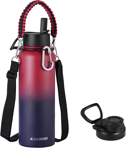 Miniatura 27 de KXIAOCHEN Botella de agua aislada, botella de agua de acero inoxidable, 2 tapas (con pajilla y tapa con asa), botellas de agua metálicas de boca