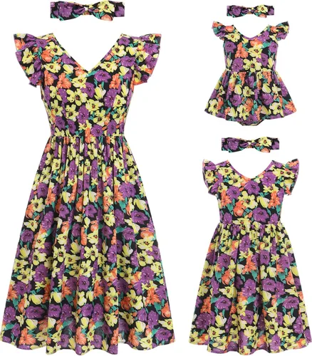 Mommy and Me - Vestidos a juego con volantes florales y espalda descubierta, vestido de playa con cinturón autoatado para verano, mamá e hija,