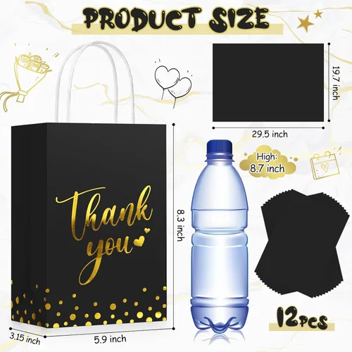 Miniatura 3 de Tinlade 12 bolsas de regalo de agradecimiento con papel de seda de lunares dorados, bolsas de agradecimiento con asa, recuerdos de fiesta para Negro