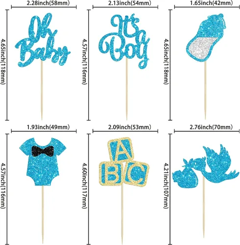 Miniatura 2 de 24 adornos para cupcakes Oh Baby con purpurina azul "It's a Boy" con botella de cisne, para baby shower, revelación de género, decoraciones