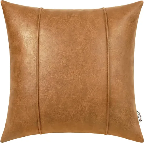 Miniatura 8 de BRAWARM Fundas de Almohada Decorativa de Cuero Café de 22 x 22 Pulgadas - Funda de Almohada de Piel Sintética con Ribetes, Almohada Decorativa
