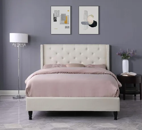 Miniatura 9 de Base de cama de plataforma tapizada completa con cabecero de 51 pulgadas de alto, cama de tela copetuda con botones, soporte de listones de madera