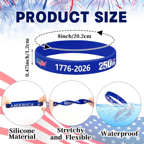 Miniatura 6 de JUNEBRUSHS 42 pulseras de silicona para el 250 aniversario, pulseras patrióticas, color rojo, blanco y azul, para celebración de aniversario de 250